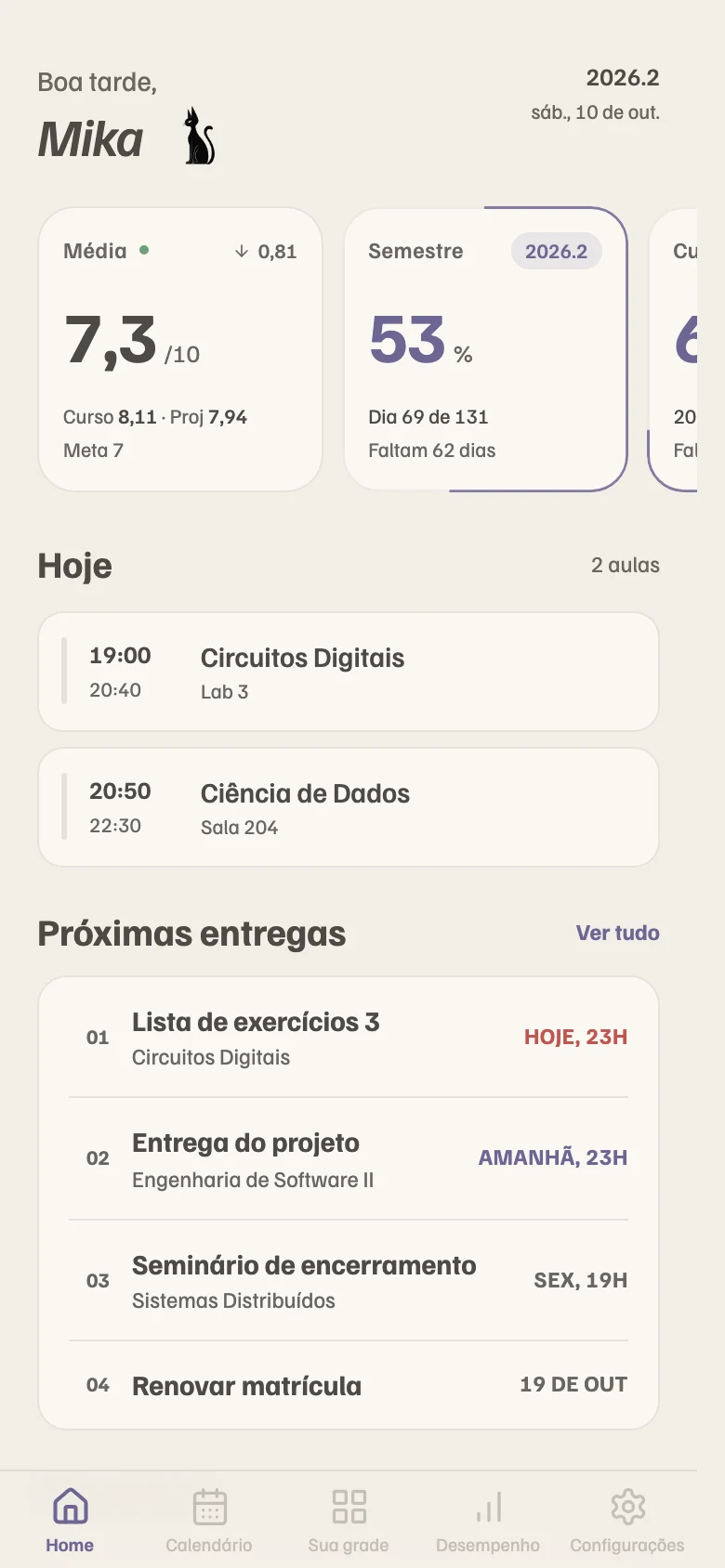 Tela inicial do Alumny com notas, aulas e próximas entregas